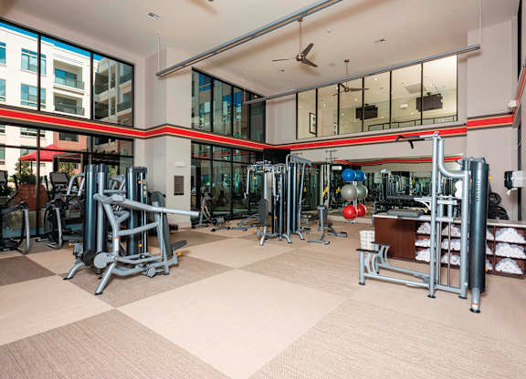 A gym with a variety of equipment including weights and cardio machines.