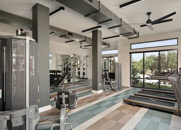 A gym with treadmills, weights, and exercise equipment.