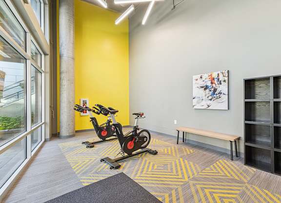 Fitness center cycle room at Riverpark Apartments in Redmond WA