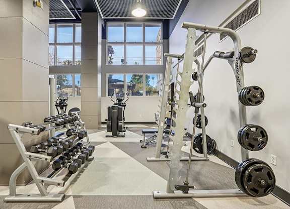 Fitness Center Free Weights at Haven at Del Mar Station Apartments in Pasadena CA