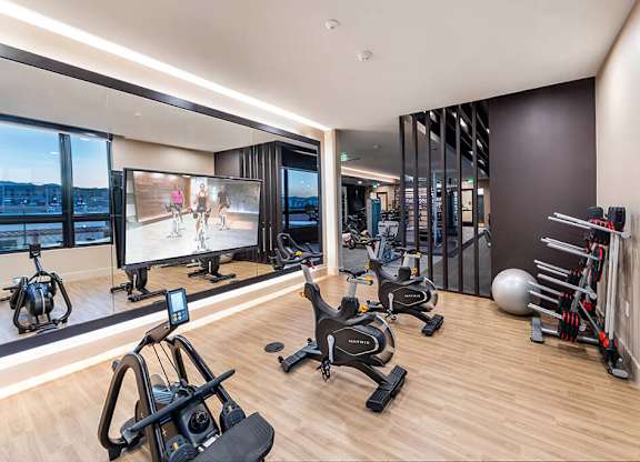 Fitness center spin room at Olivean Apartments in Broomfield CO