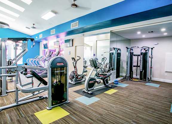 a gym with cardio equipment and weights on a wooden floor