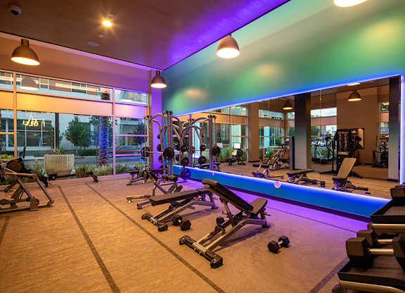 Fitness Empower Weight Area with Lights at Chroma Apartment Homes in Canoga Park CA