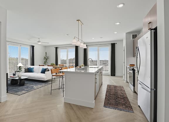 Kitchen with view of living room at Station 316 Woburn MA