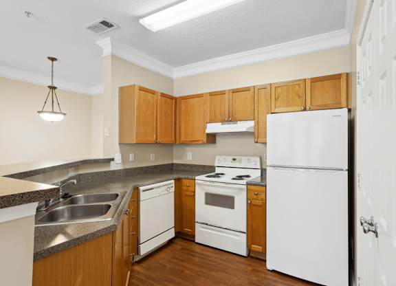 Kitchen with wood cabinets at Longwood Vista Apartment Homes in Atlanta GA