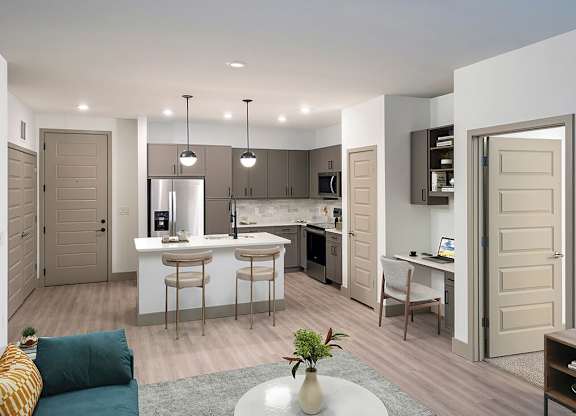 Kitchen and Living Room in Black Pearl Design at Wayfern Apartments in Sandy Springs GA