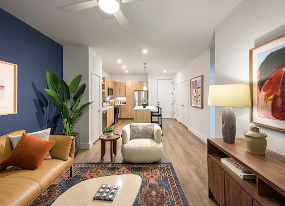 Kitchen and living room at The Edley in Atlanta GA