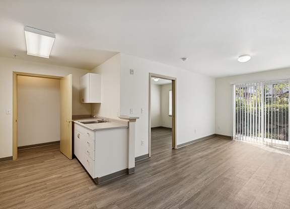 Kitchen and Living Room at Ballinger Court Senior Apartments in Edmonds WA