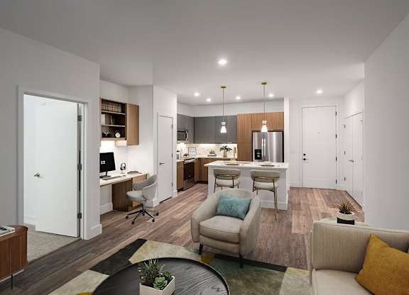 Kitchen and living room at The Edley in Atlanta GA