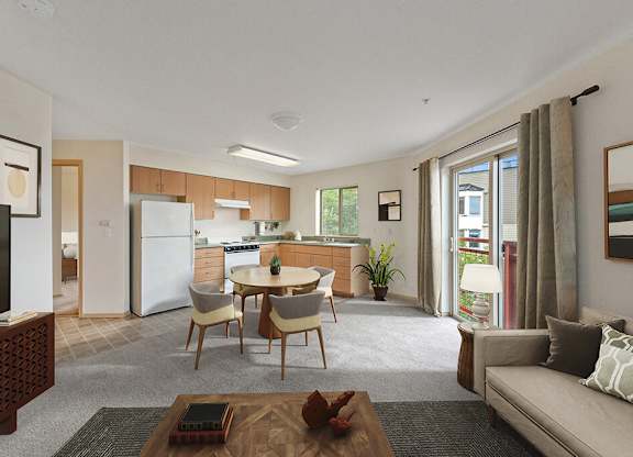 A modern living room with a television, couch, and dining table.