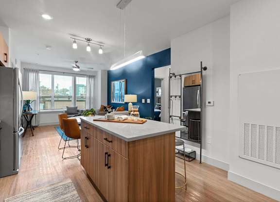 Kitchen island seating at VERO Apartments in Chelsea MA
