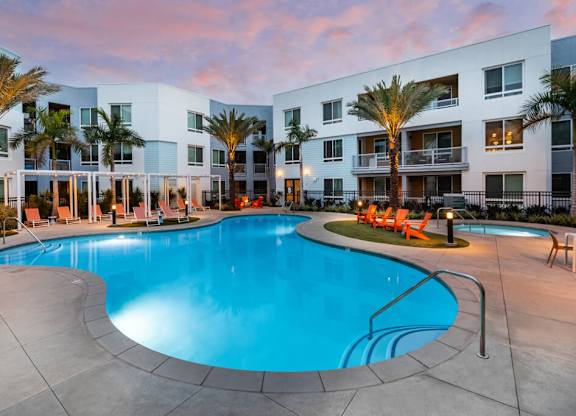 Pool at dusk at Bevel Apartments in San Diego CA