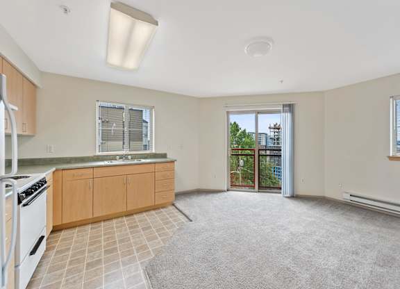 Carpeted living room and kitchen at Washington Terrace in Seattle WA