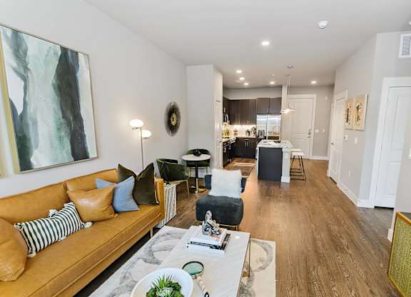 Hardwood flooring in living area at Opal Legacy Central in Plano TX