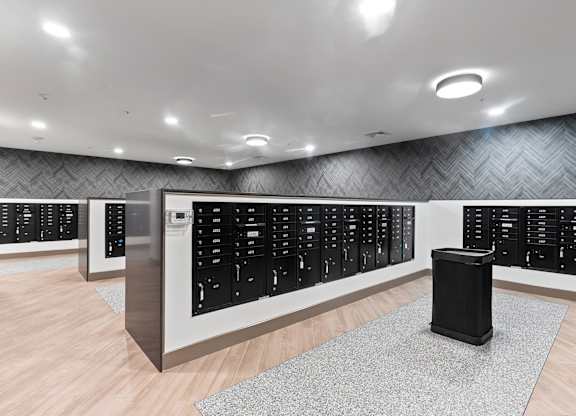 Mail room mailboxes at VERO Apartments in Chelsea MA