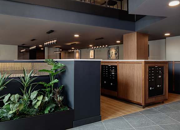 A modern office lobby with a reception desk and a planter with green plants.