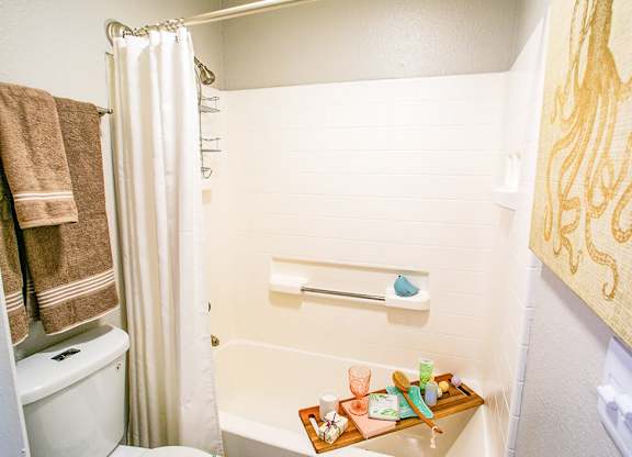 a bathroom with a tub and a toilet and a towel rack