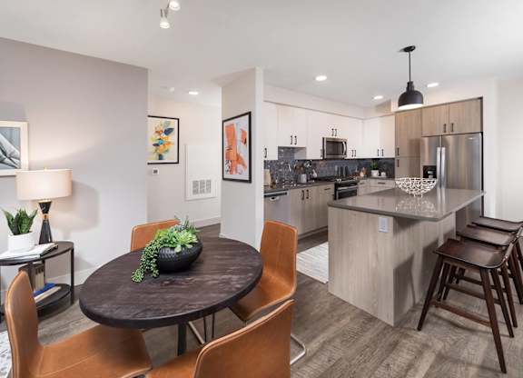 Model Pewter Design Package Living Room and Kitchen at North at Totem Lake Apartments in Kirkland WA