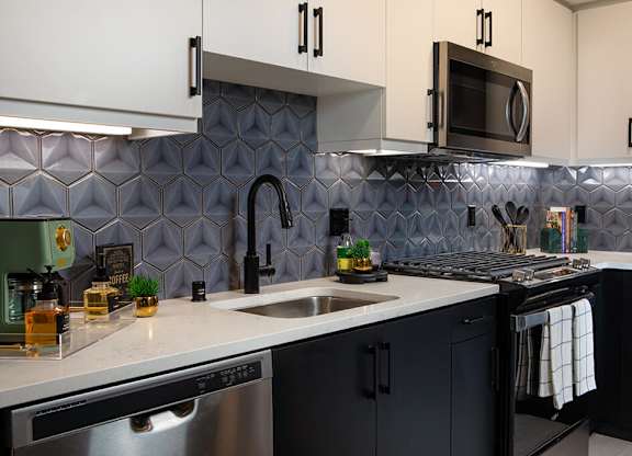 Model Pewter Kitchen Backsplash at Chroma Apartment Homes in Canoga Park CA