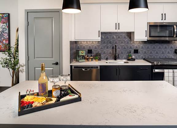 Model Pewter Kitchen Island at Chroma Apartment Homes in Canoga Park CA