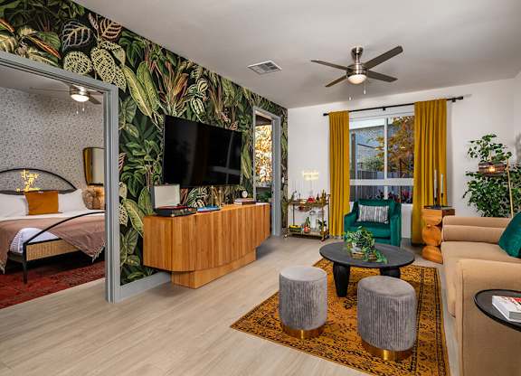 Model Pewter Living Room and Bedroom at Chroma Apartment Homes in Canoga Park CA