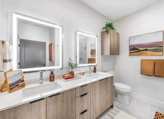 Bathroom with dual sinks at The Brynn in Kirkland WA