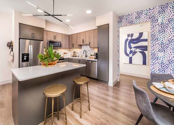 Model slate kitchen at Avel Apartment Homes in Orange CA