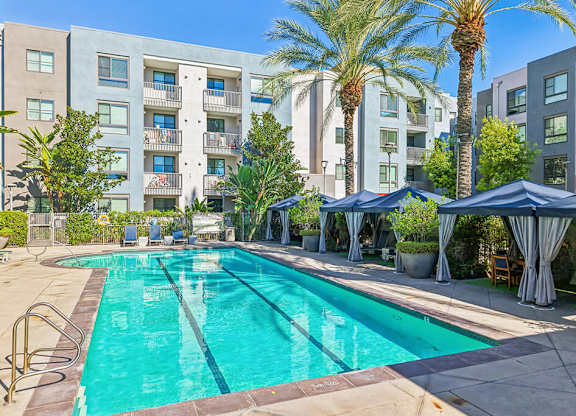 A swimming pool surrounded by palm trees and apartment buildings.