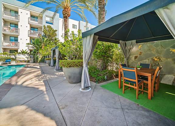A patio with a table and chairs under a canopy.