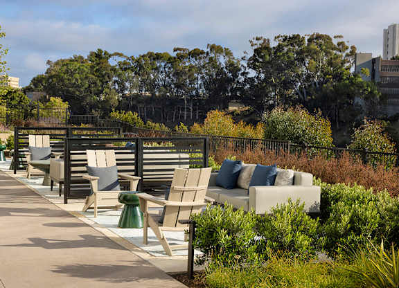 Outdoor lounge seating at Chromatic Flats Apartments in San Diego CA