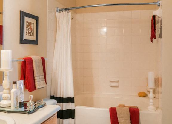 Bath tub with tile surround at River Pointe at Den Rock Apartments in Lawrence, MA