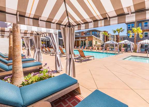 Poolside cabanas at The Braydon Apartments in Napa CA