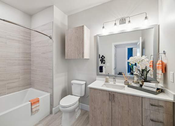 Bathroom with shower at The Braydon Apartments in Napa CA