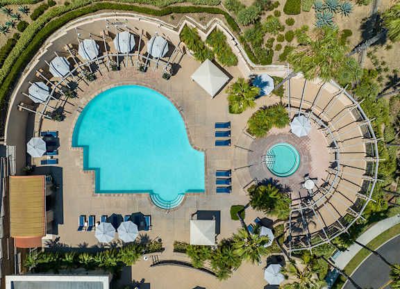 Aerial view of pool at Cresterra Apartments in San Marcos CA