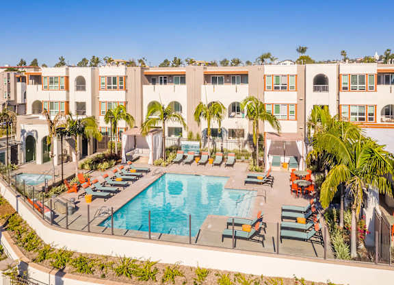 Aerial view of Pool and Spa Aerial at The Seaton Apartments in San Diego CA