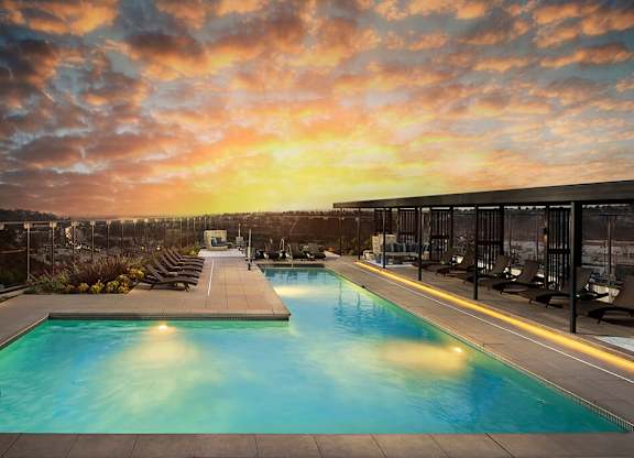 Pool at dusk at Chromatic Flats Apartments in San Diego CA