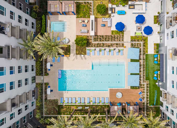 Birdseye view of pool at Avel Apartment Homes in Orange CA