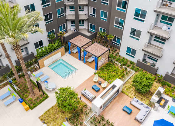 Aerial view of pool at Avel Apartment Homes in Orange CA