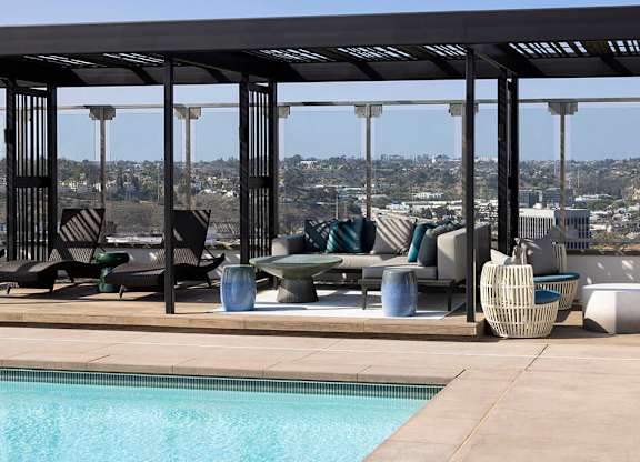 Pool cabanas at Chromatic Flats Apartments in San Diego CA