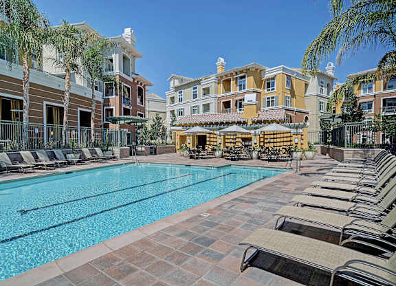 A large swimming pool surrounded by lounge chairs and palm trees.