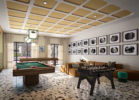 Game room at Merrick on Midway Apartments in Farmers Branch TX