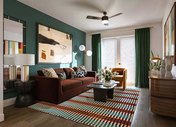 Living room at Merrick on Midway Apartments in Farmers Branch TX
