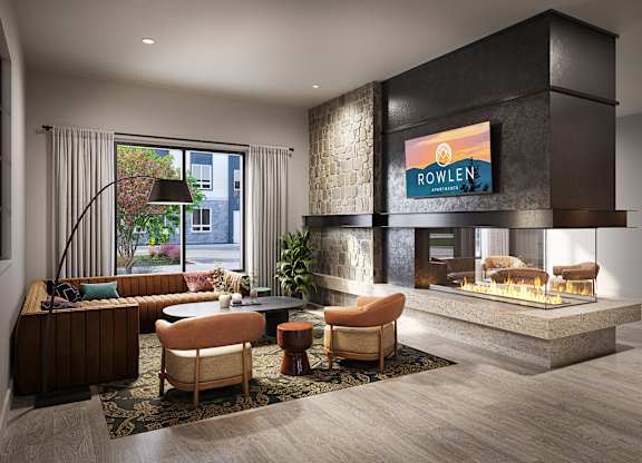 Social lounge TV area at Rowlen Apartments in Broomfield CO