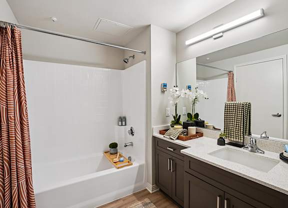 Renovated Model Bathroom Shower at Haven at Del Mar Station Apartments in Pasadena CA