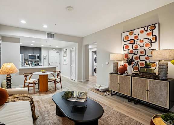 Renovated Model Living Room and Kitchen at Haven at Del Mar Station Apartments in Pasadena CA