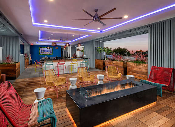 Rooftop Euphoria Fire Table On Lights at Chroma Apartment Homes in Canoga Park CA