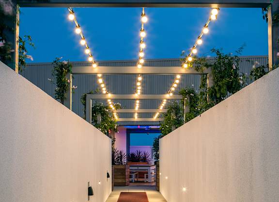 Rooftop Euphoria Walway Dusk at Chroma Apartment Homes in Canoga Park CA