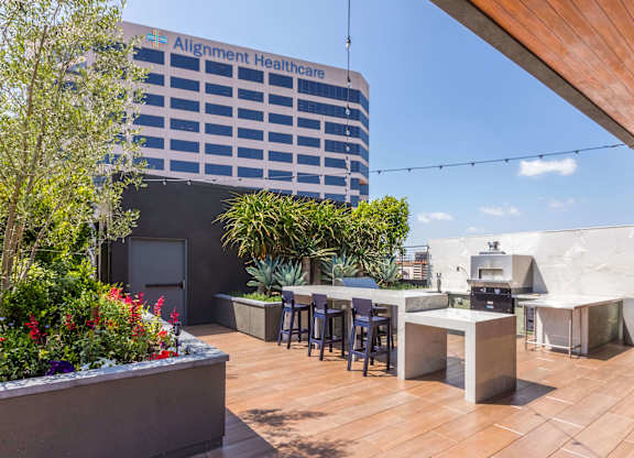 Rooftop lounge seating at Avel Apartment Homes in Orange CA