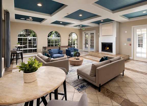 Social lounge fire place at Campana Crown Valley Apartments in Mission Viejo CA