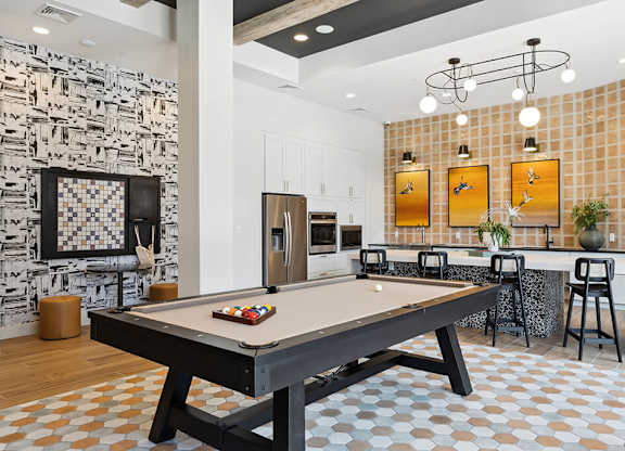 Social lounge kitchen and pool table at Jayden Apartments in Peabody MA